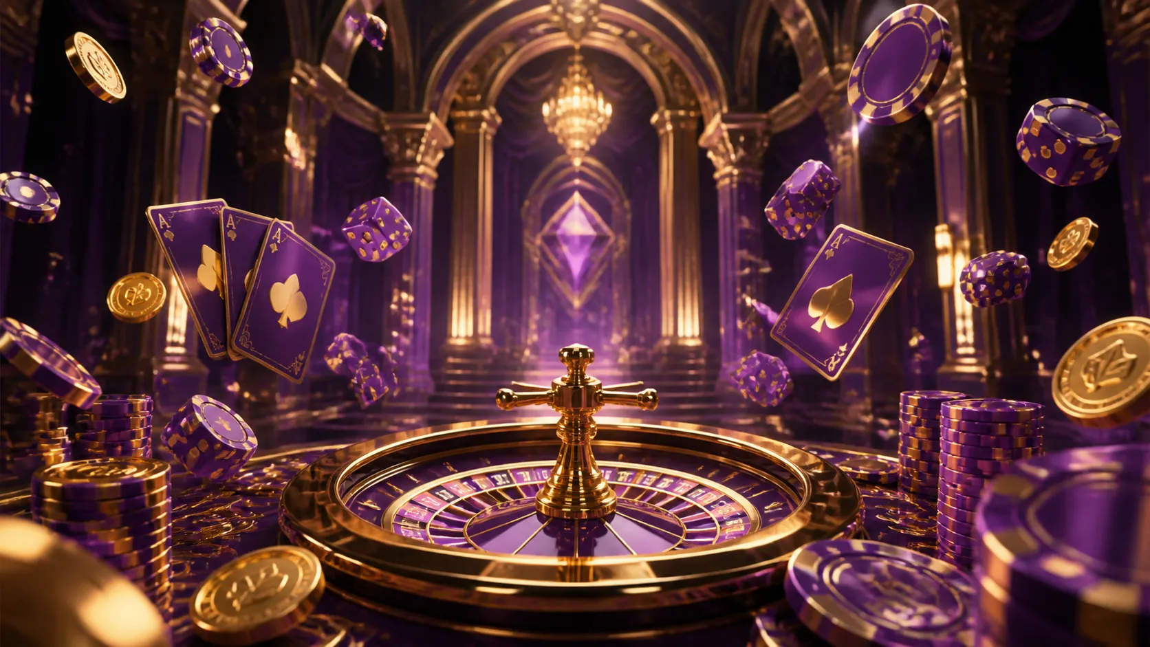 High-end casino-themed banner with a luxurious, cinematic composition featuring glowing poker chips and slot machine aestheti